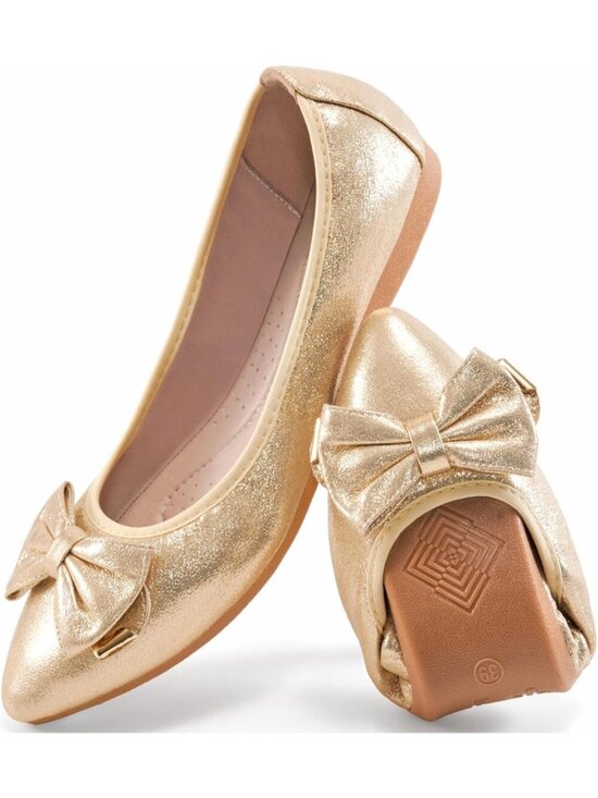Shoes - Women's Gold Ballet Flat Fordable Slip On Shoes Bow Knot Pointed Toe Loafers